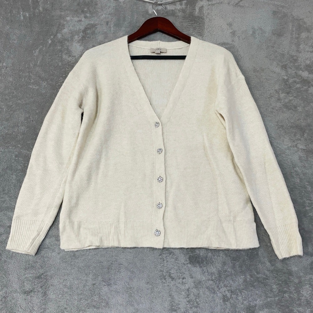 LOFT  Women's M Cream Rhinestone Button Cardigan Sweater Polyester Blend
